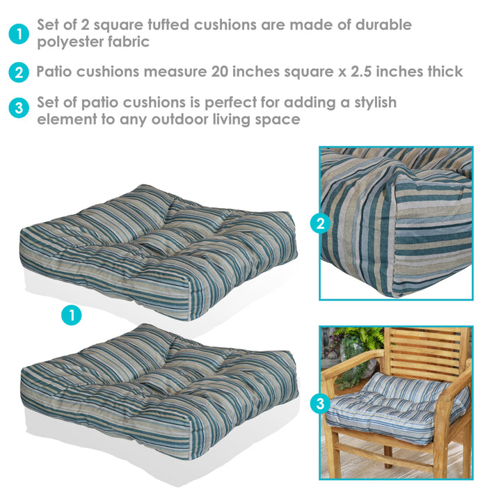 Sunnydaze Outdoor Square Tufted Seat Cushion - Neutral Stripes - Set of 2 Image 2