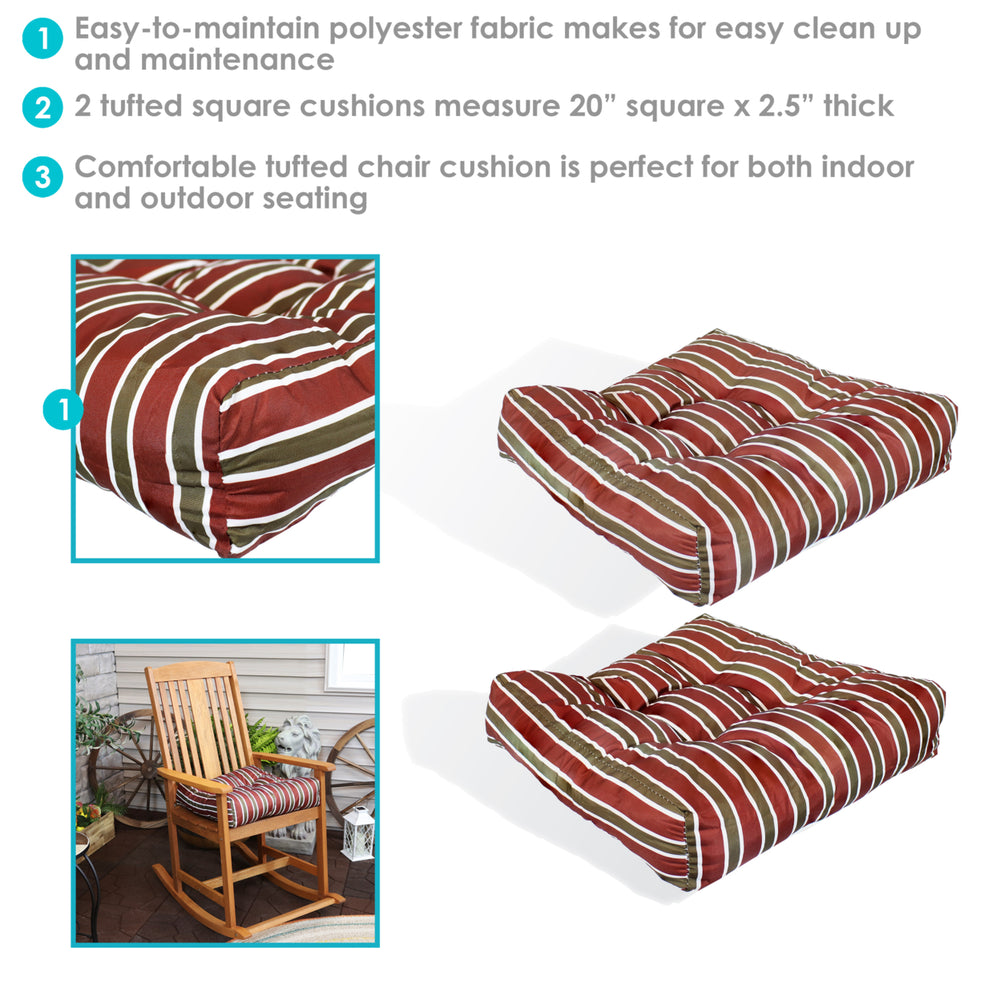 Sunnydaze Outdoor Square Tufted Seat Cushion - Red Stripe - Set of 2 Image 2