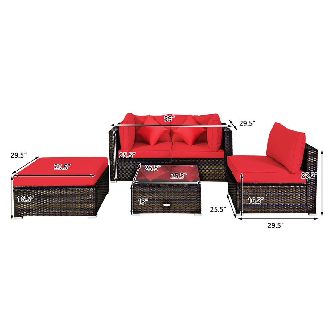 5PCS Outdoor Patio Furniture Set Sectional Conversation W/Red Cushions Image 7