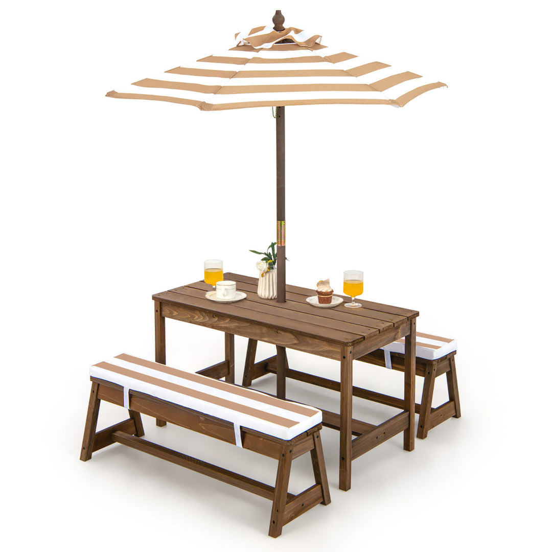 Kids Wood Picnic Table and Bench Set w/ Cushions Umbrella for Indoor Outdoor Image 1