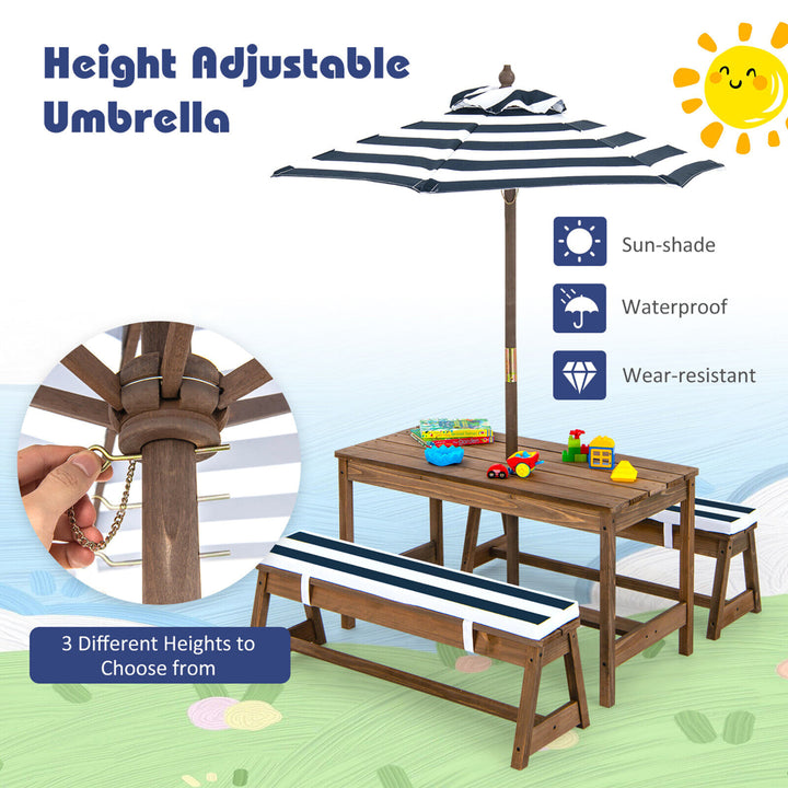 Kids Wood Picnic Table and Bench Set w/ Cushions Umbrella for Indoor Outdoor Image 2