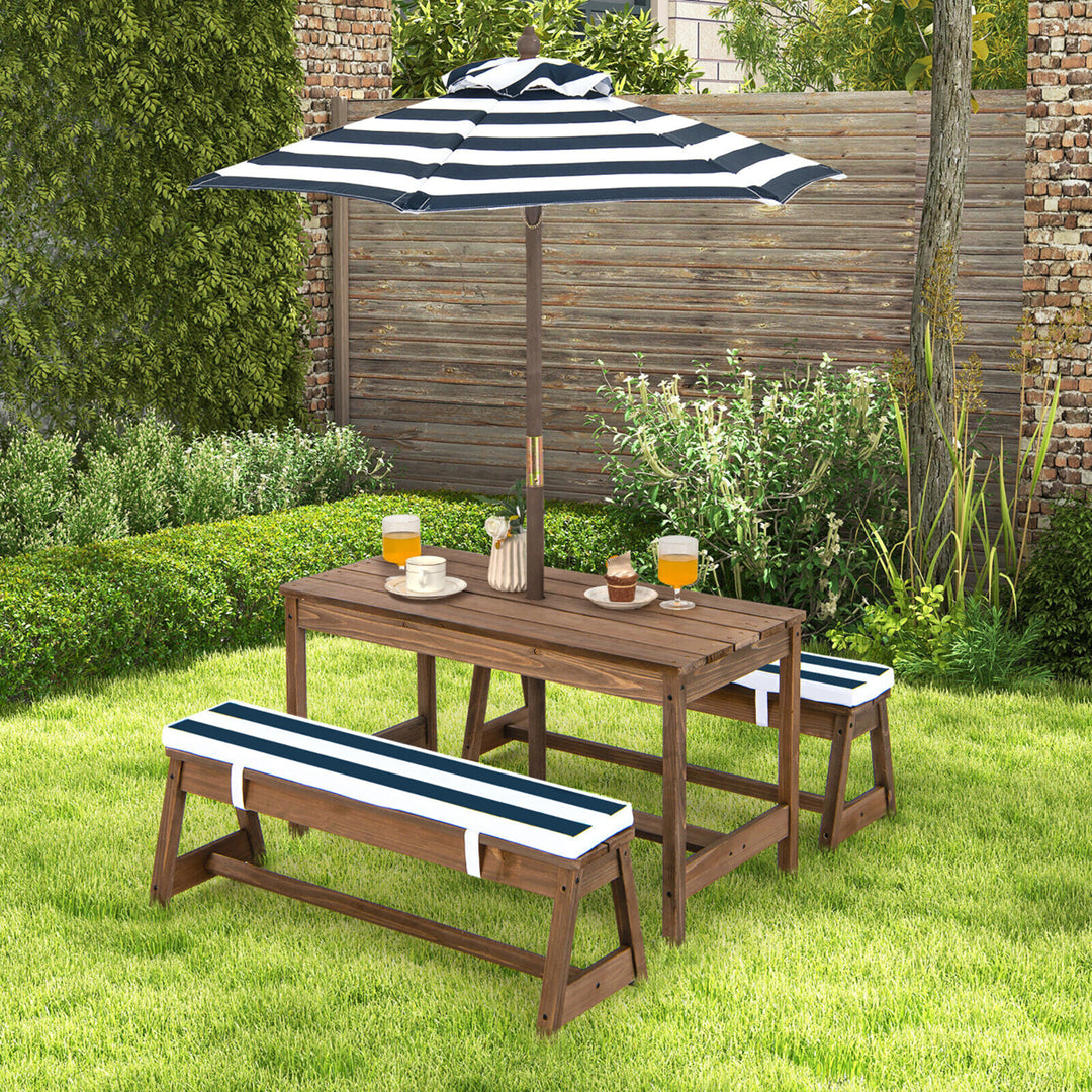 Kids Wood Picnic Table and Bench Set w/ Cushions Umbrella for Indoor Outdoor Image 3