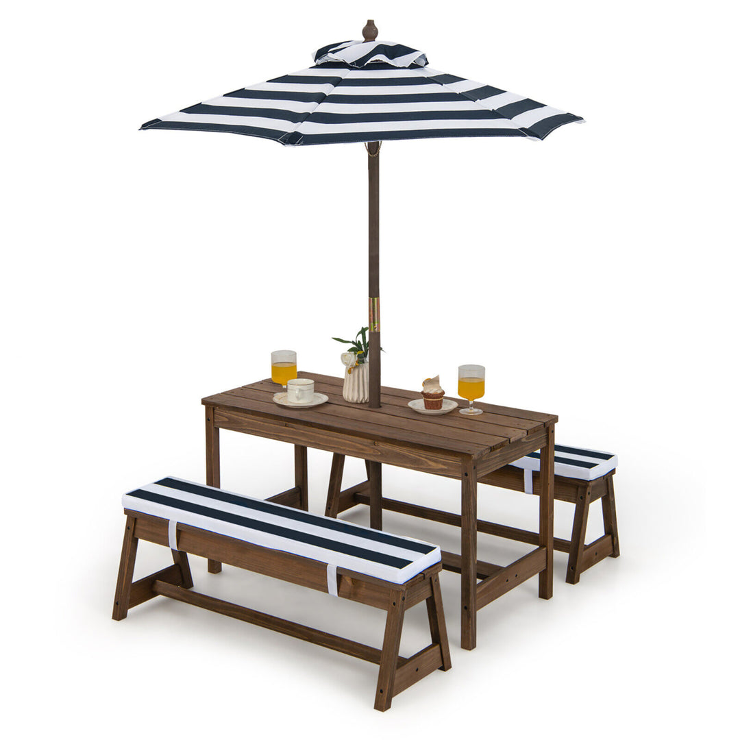 Kids Wood Picnic Table and Bench Set w/ Cushions Umbrella for Indoor Outdoor Image 4