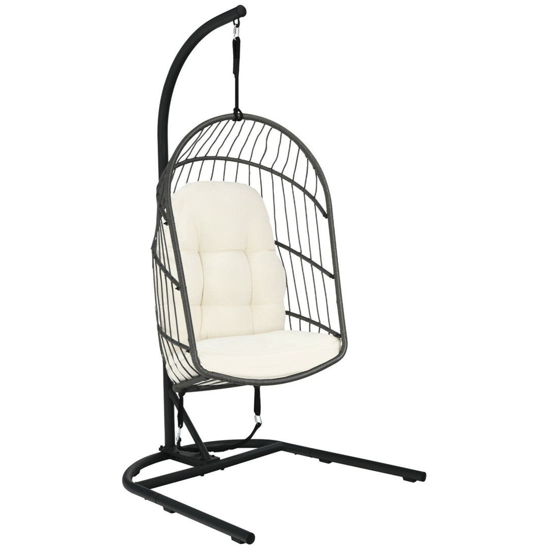 Hanging Hammock Egg Chair Patio Rattan Swing Chair w/ Stand and Cushions Image 4