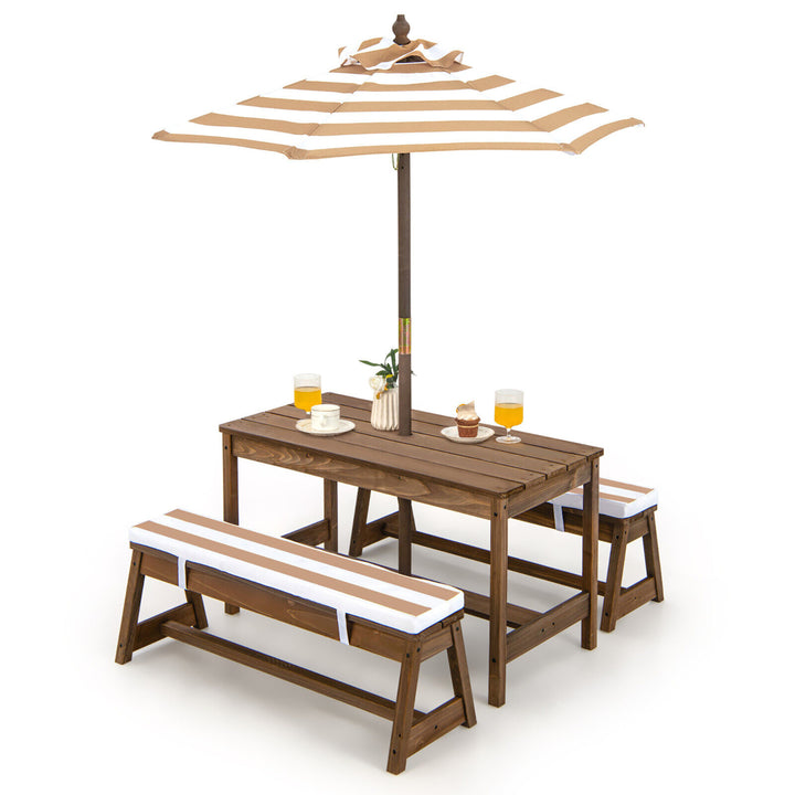 Kids Wood Picnic Table and Bench Set w/ Cushions Umbrella for Indoor Outdoor Image 5