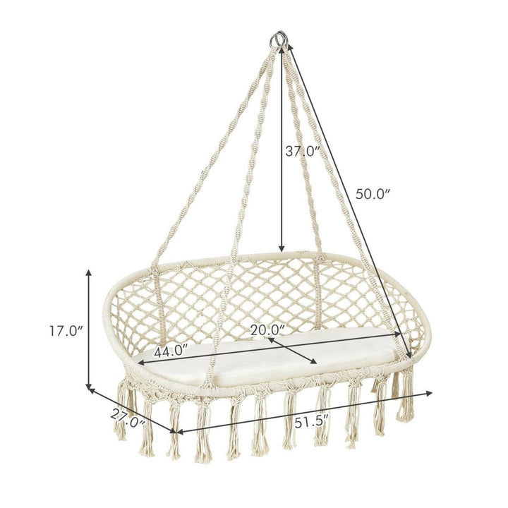 2 Person Hanging Hammock Chair with Cushion Macrame Swing 330 lbs Capacity Image 2