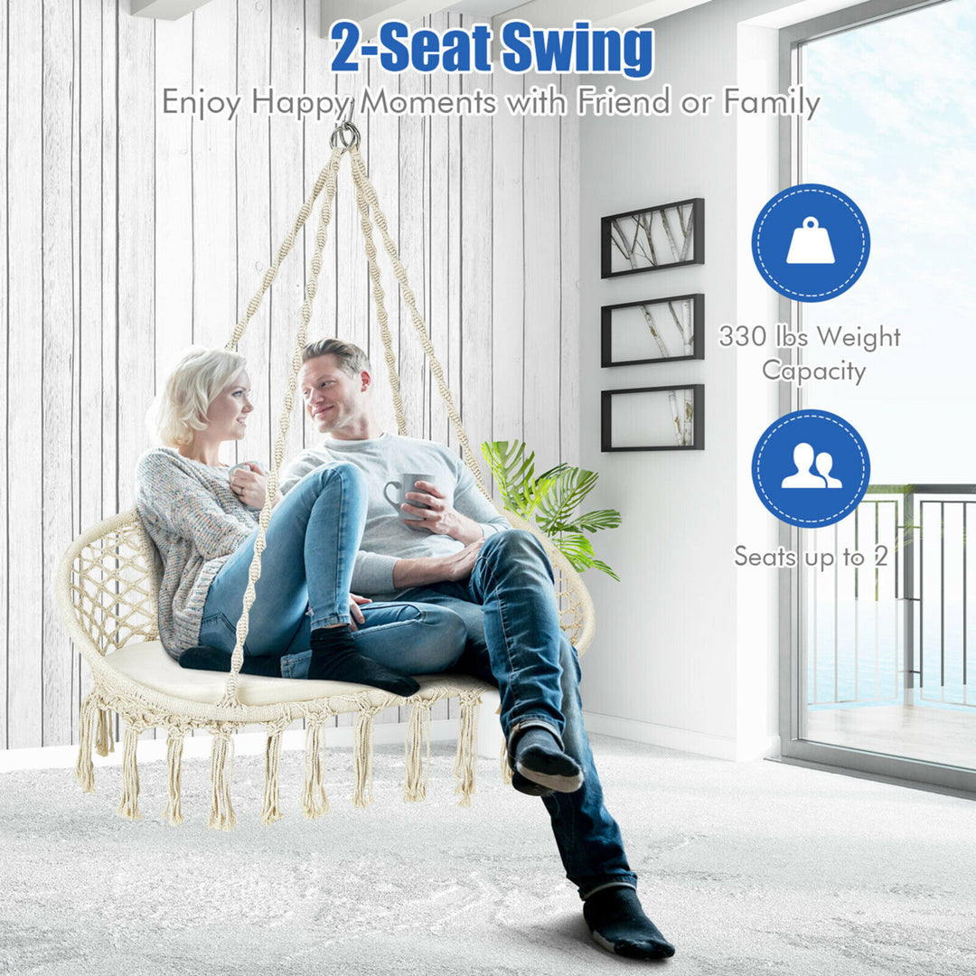 2 Person Hanging Hammock Chair with Cushion Macrame Swing 330 lbs Capacity Image 5