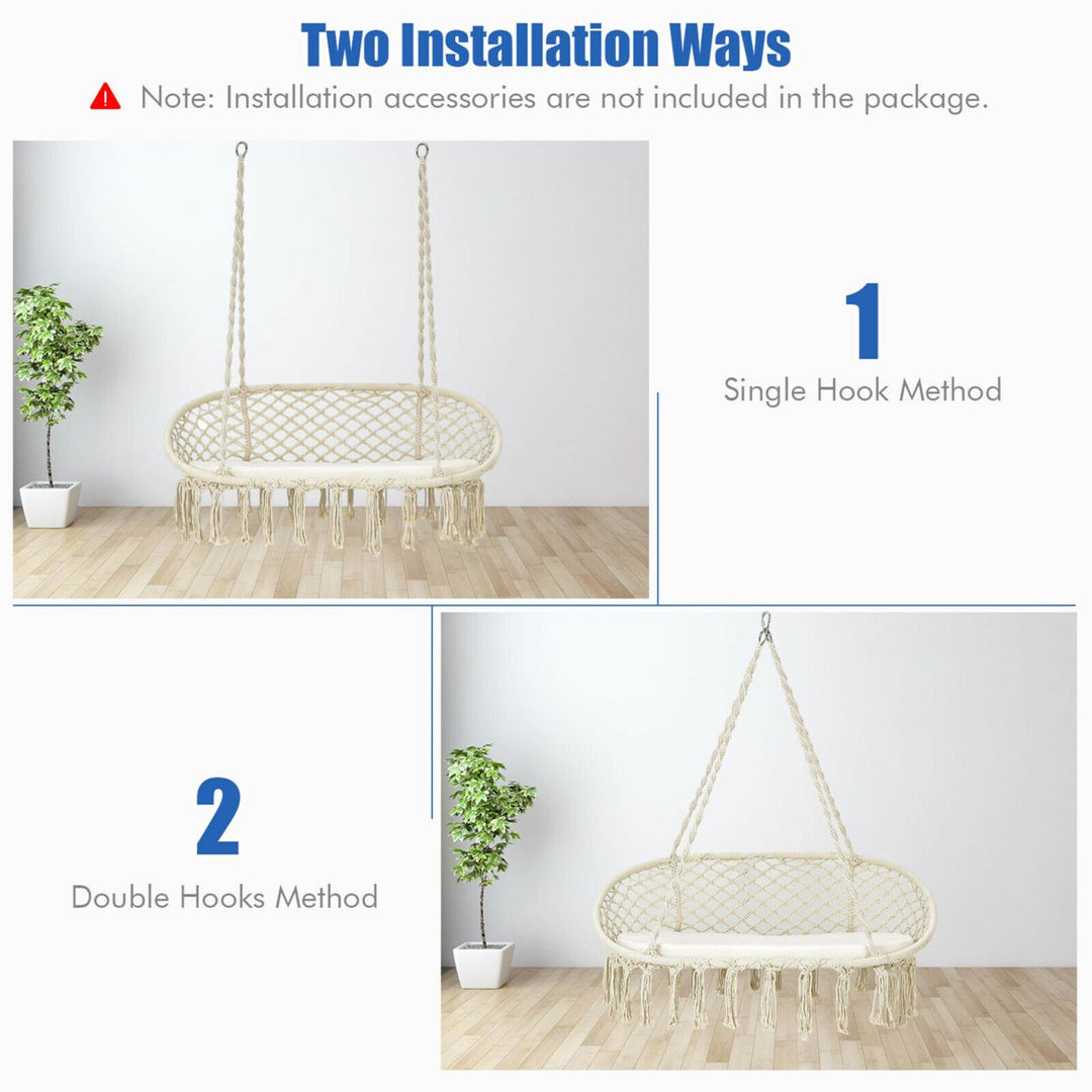 2 Person Hanging Hammock Chair with Cushion Macrame Swing 330 lbs Capacity Image 6