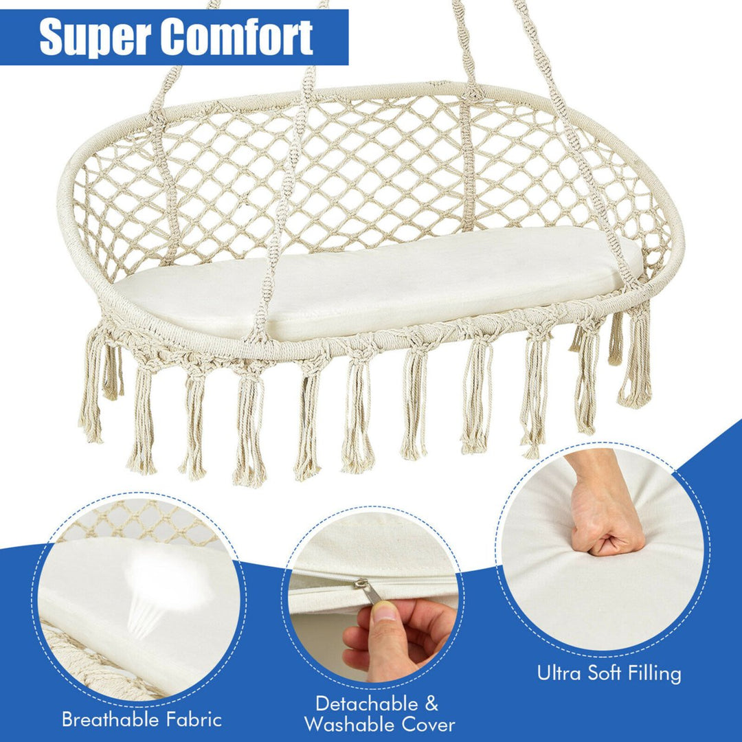 2 Person Hanging Hammock Chair with Cushion Macrame Swing 330 lbs Capacity Image 8