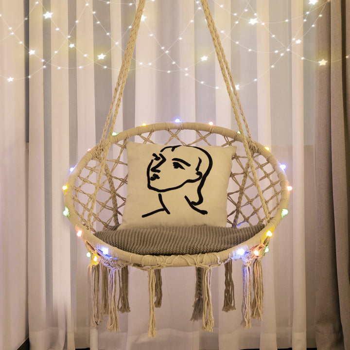 Hammock Chair LED Lights Hanging Cotton Rope Macrame Swing Indoor Outdoor Beige Image 4