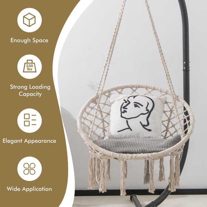 Hammock Chair LED Lights Hanging Cotton Rope Macrame Swing Indoor Outdoor Beige Image 7