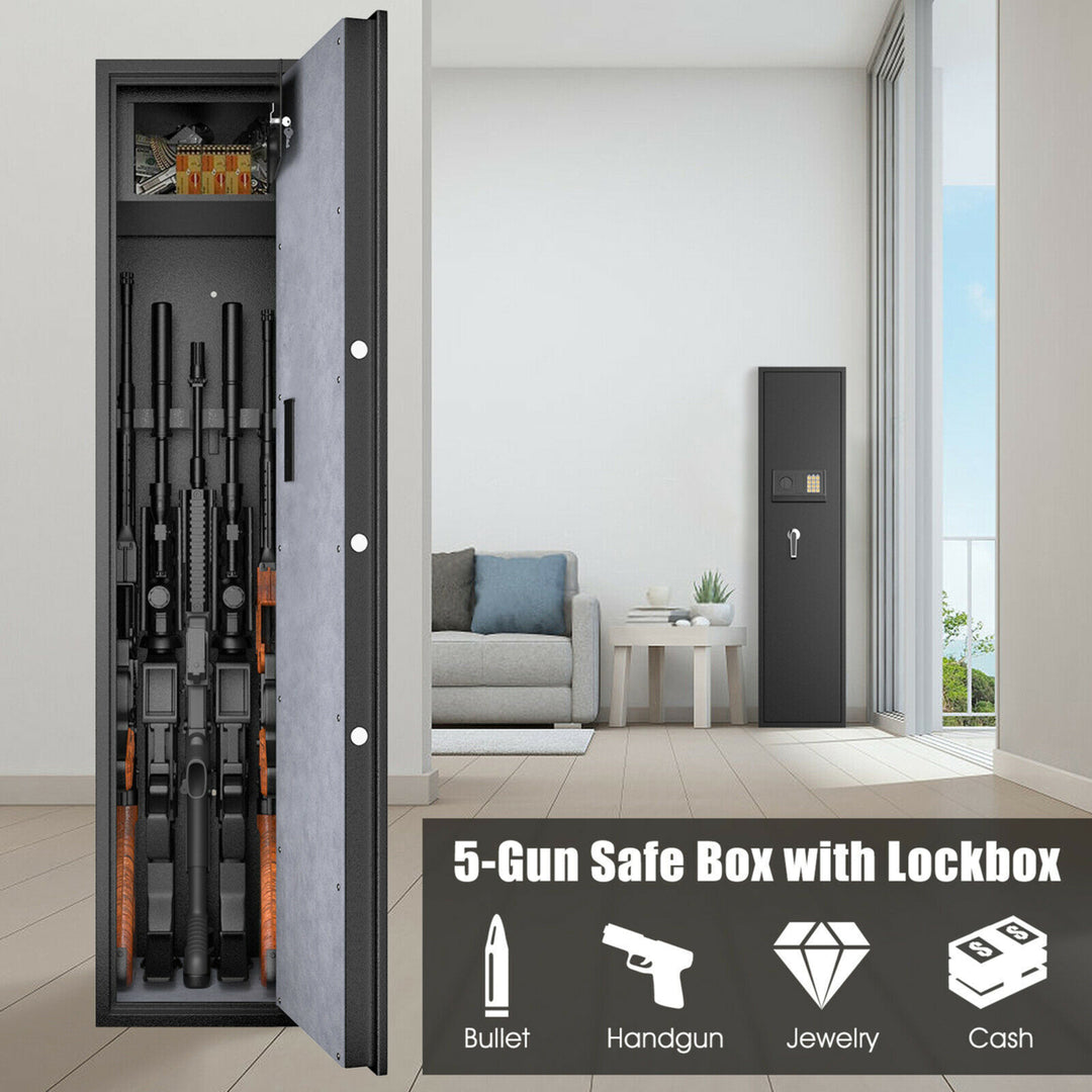 Large Rifle Safe Quick Access 5-Gun Storage Cabinet w/ Pistol Lock Box Image 4