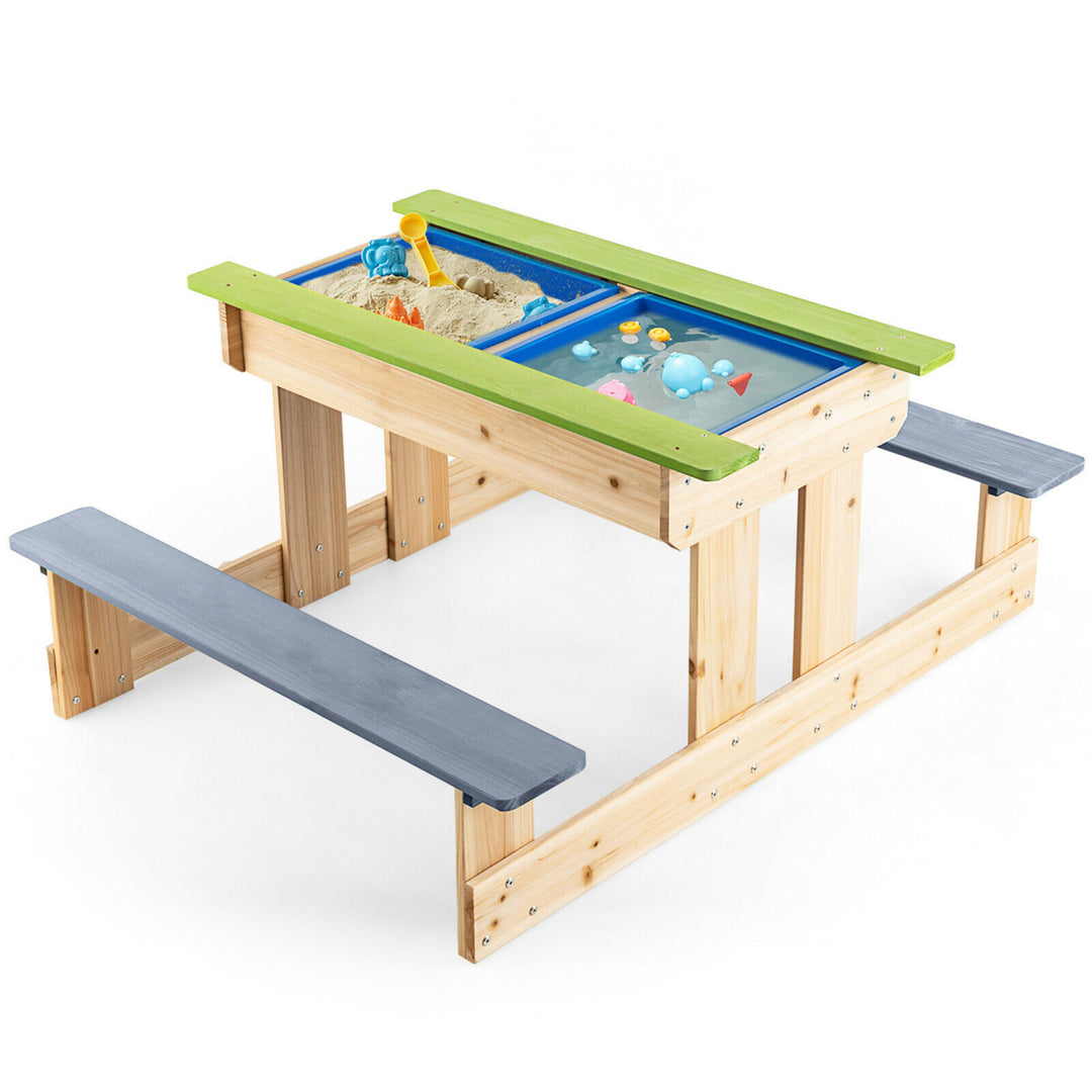 3-in-1 Kids Picnic Table Outdoor Wooden Water Sand Table w/ Play Boxes Image 1