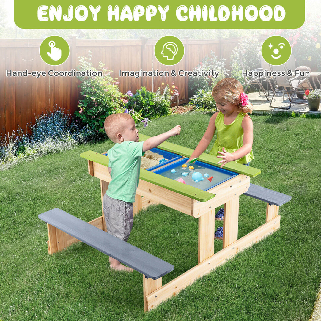 3-in-1 Kids Picnic Table Outdoor Wooden Water Sand Table w/ Play Boxes Image 5