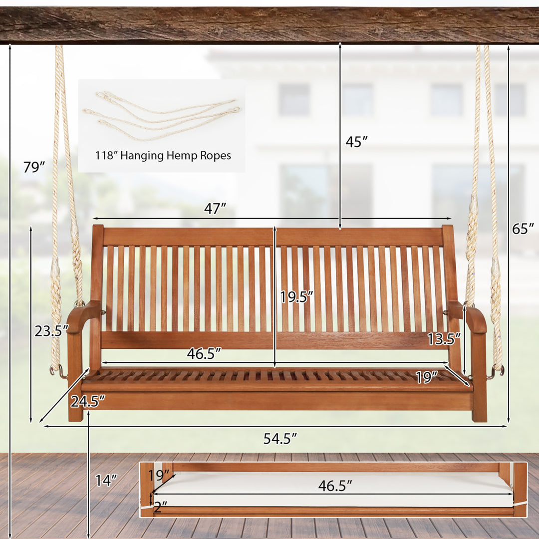 2-Seat Patio Hanging Wooden Porch Swing Bench w/ Cushion and Hanging Ropes Image 2