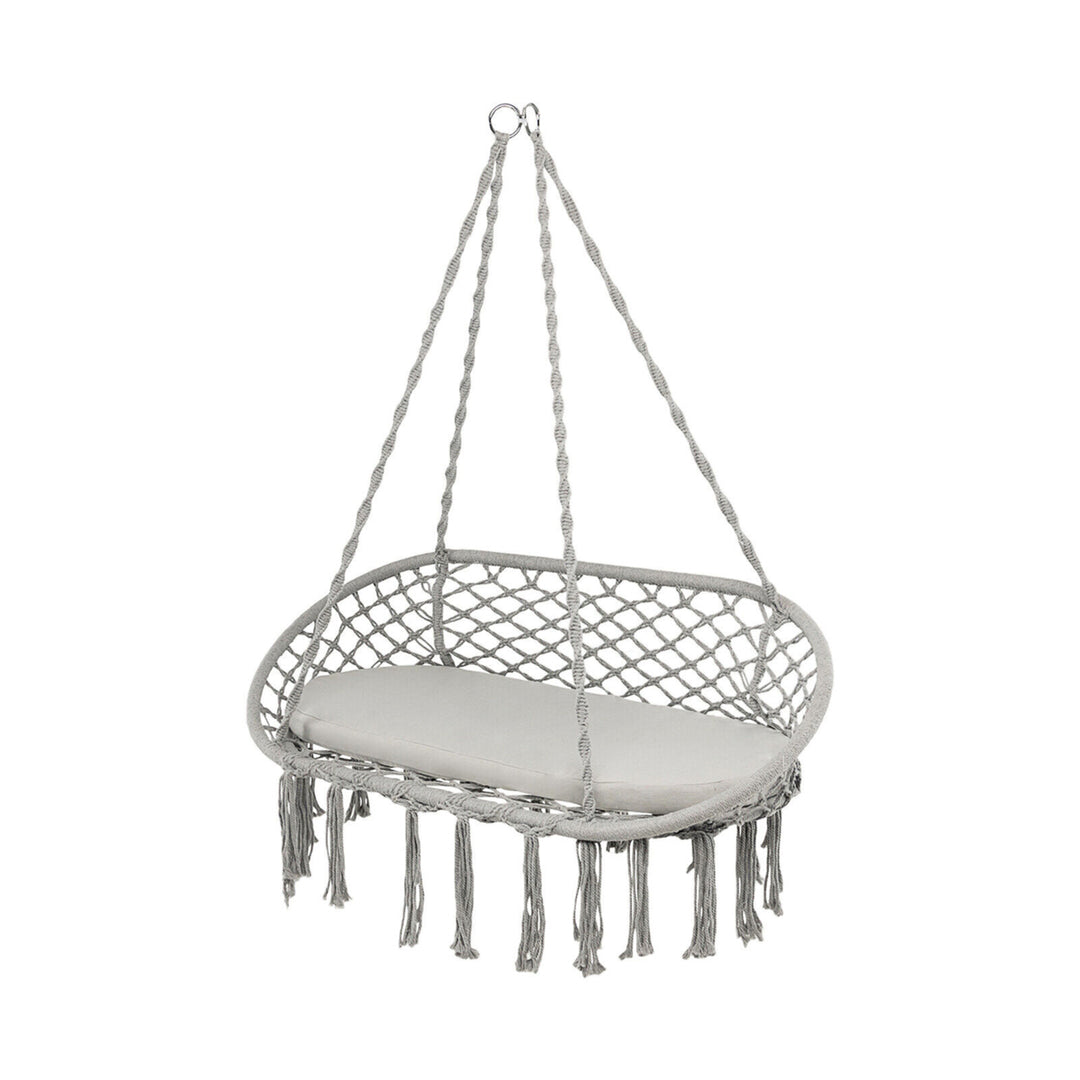 2 Person Hanging Hammock Chair w/ Cushion Macrame Swing 330 lbs Capacity Grey Image 1