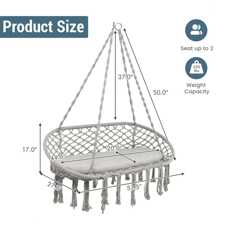 2 Person Hanging Hammock Chair w/ Cushion Macrame Swing 330 lbs Capacity Grey Image 2