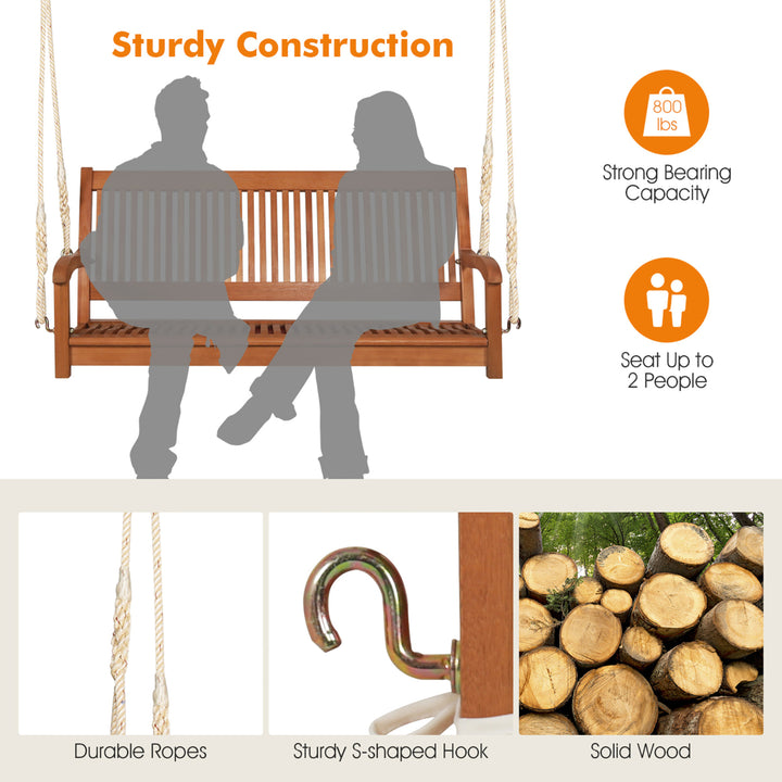 2-Seat Patio Hanging Wooden Porch Swing Bench w/ Cushion and Hanging Ropes Image 5