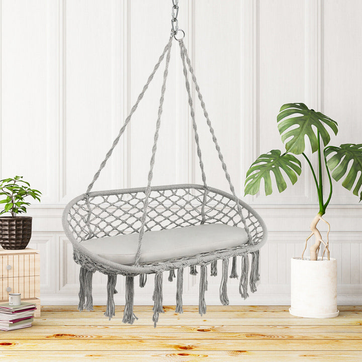 2 Person Hanging Hammock Chair w/ Cushion Macrame Swing 330 lbs Capacity Grey Image 3