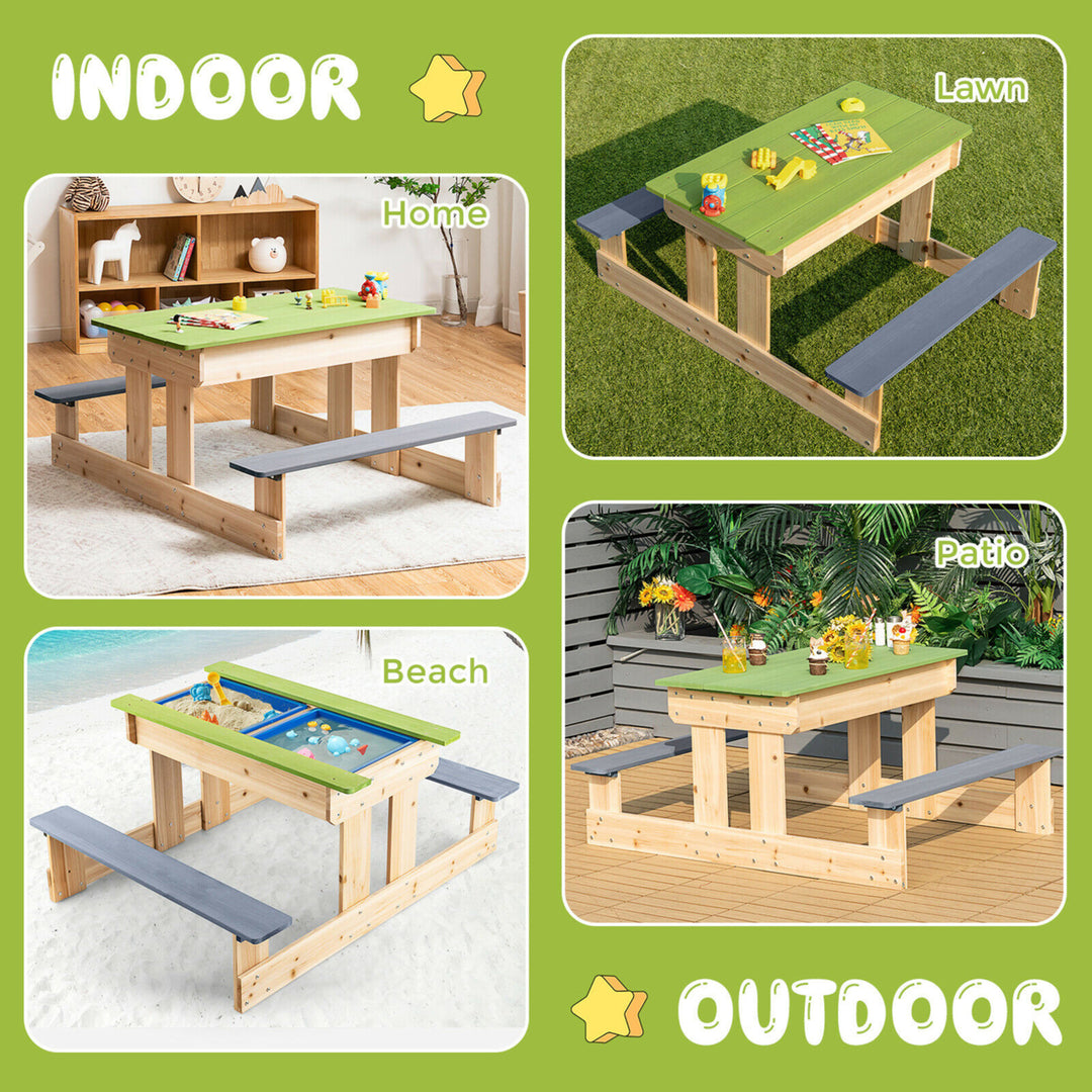 3-in-1 Kids Picnic Table Outdoor Wooden Water Sand Table w/ Play Boxes Image 10