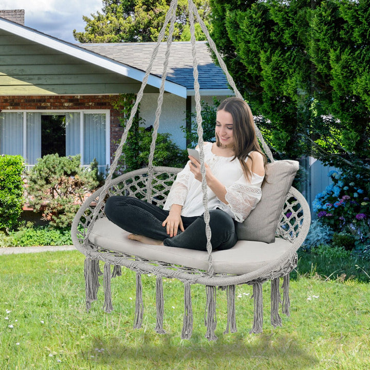 2 Person Hanging Hammock Chair w/ Cushion Macrame Swing 330 lbs Capacity Grey Image 5