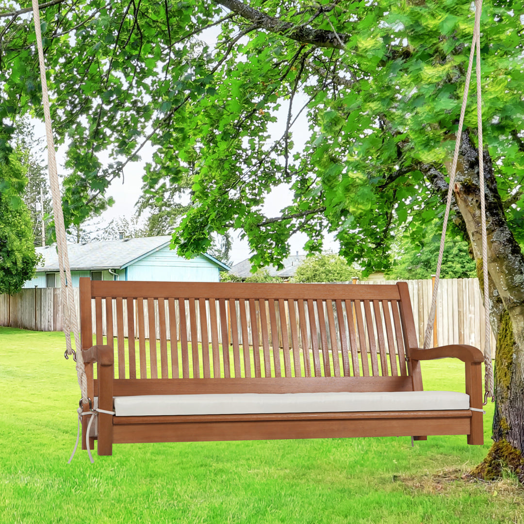 2-Seat Patio Hanging Wooden Porch Swing Bench w/ Cushion and Hanging Ropes Image 8