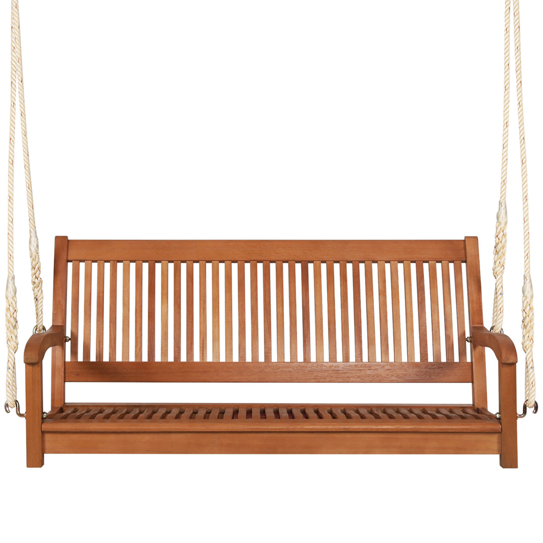 2-Seat Patio Hanging Wooden Porch Swing Bench w/ Cushion and Hanging Ropes Image 9