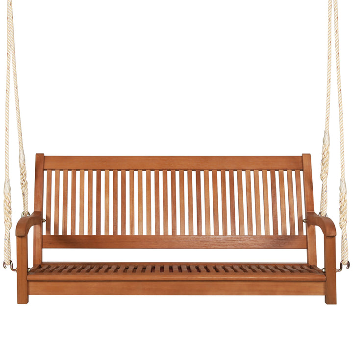 2-Seat Patio Hanging Wooden Porch Swing Bench w/ Cushion and Hanging Ropes Image 9