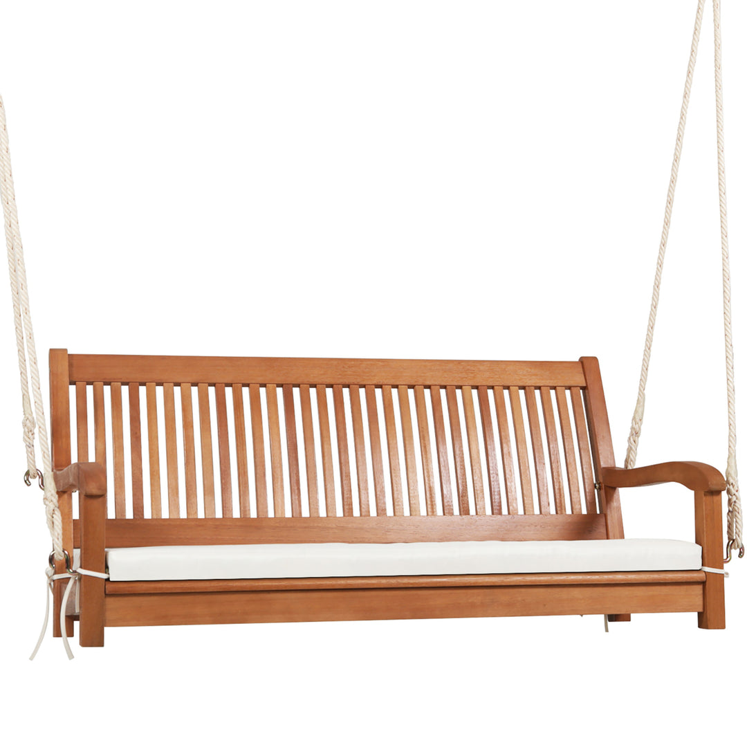 2-Seat Patio Hanging Wooden Porch Swing Bench w/ Cushion and Hanging Ropes Image 10