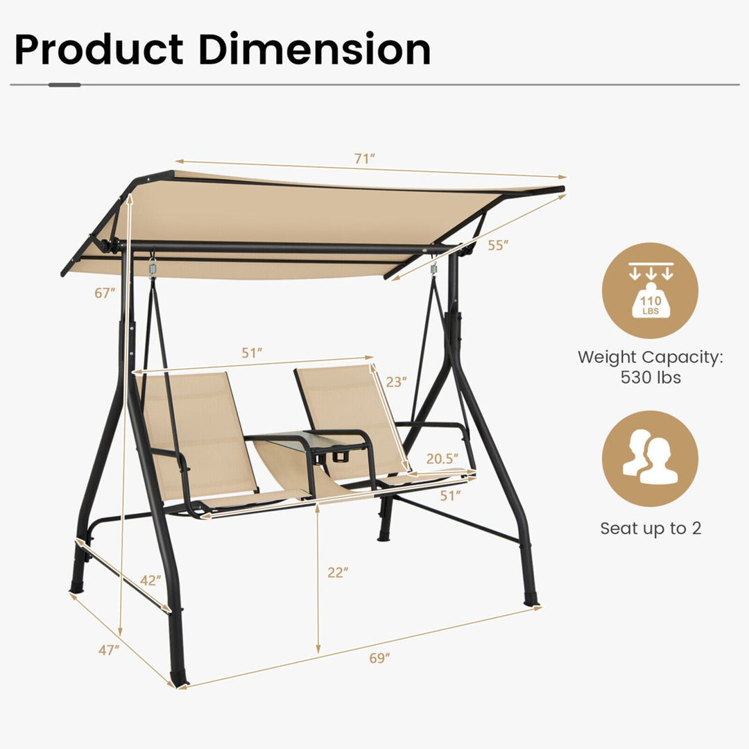 2-Person Porch Swing Adjustable Canopy Swing Chair w/ Tempered Glass Table Image 2