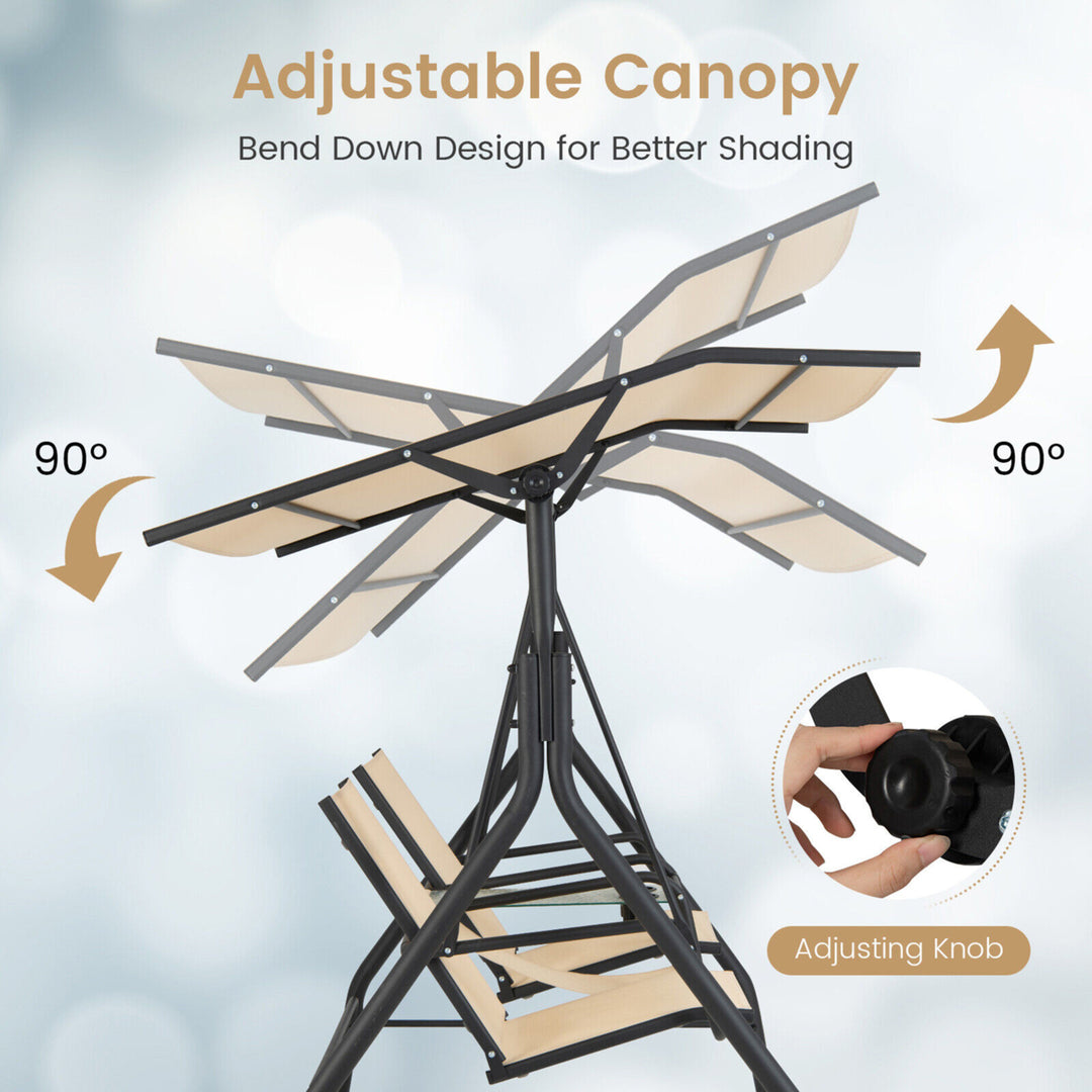 2-Person Porch Swing Adjustable Canopy Swing Chair w/ Tempered Glass Table Image 3