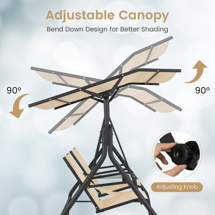 2-Person Porch Swing Adjustable Canopy Swing Chair w/ Tempered Glass Table Image 3