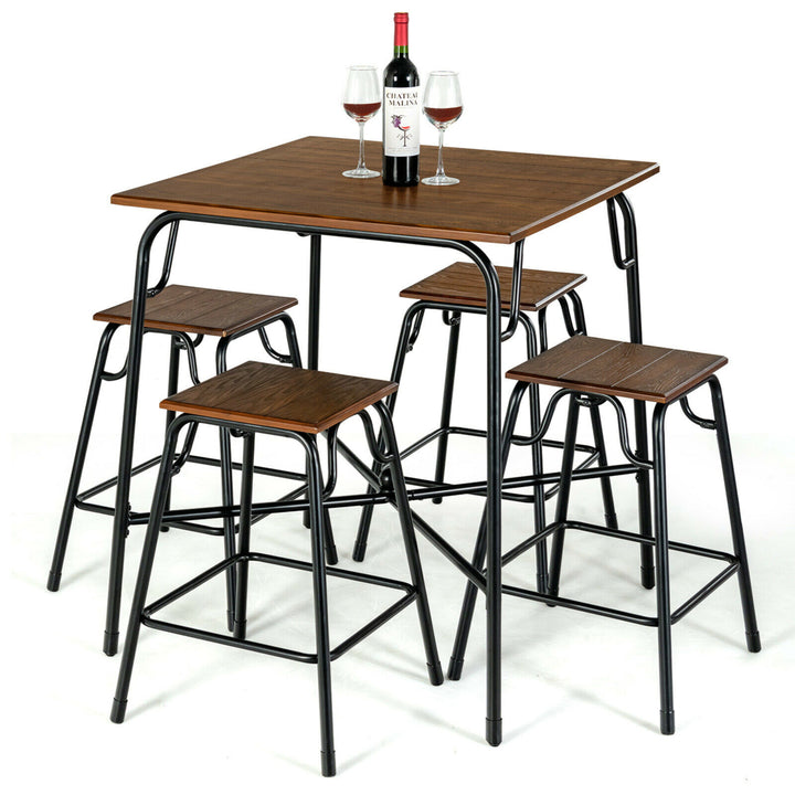 5PCS Bar Table Set Counter Height Dining Set w/ 4 Stools Rustic Brown Image 1