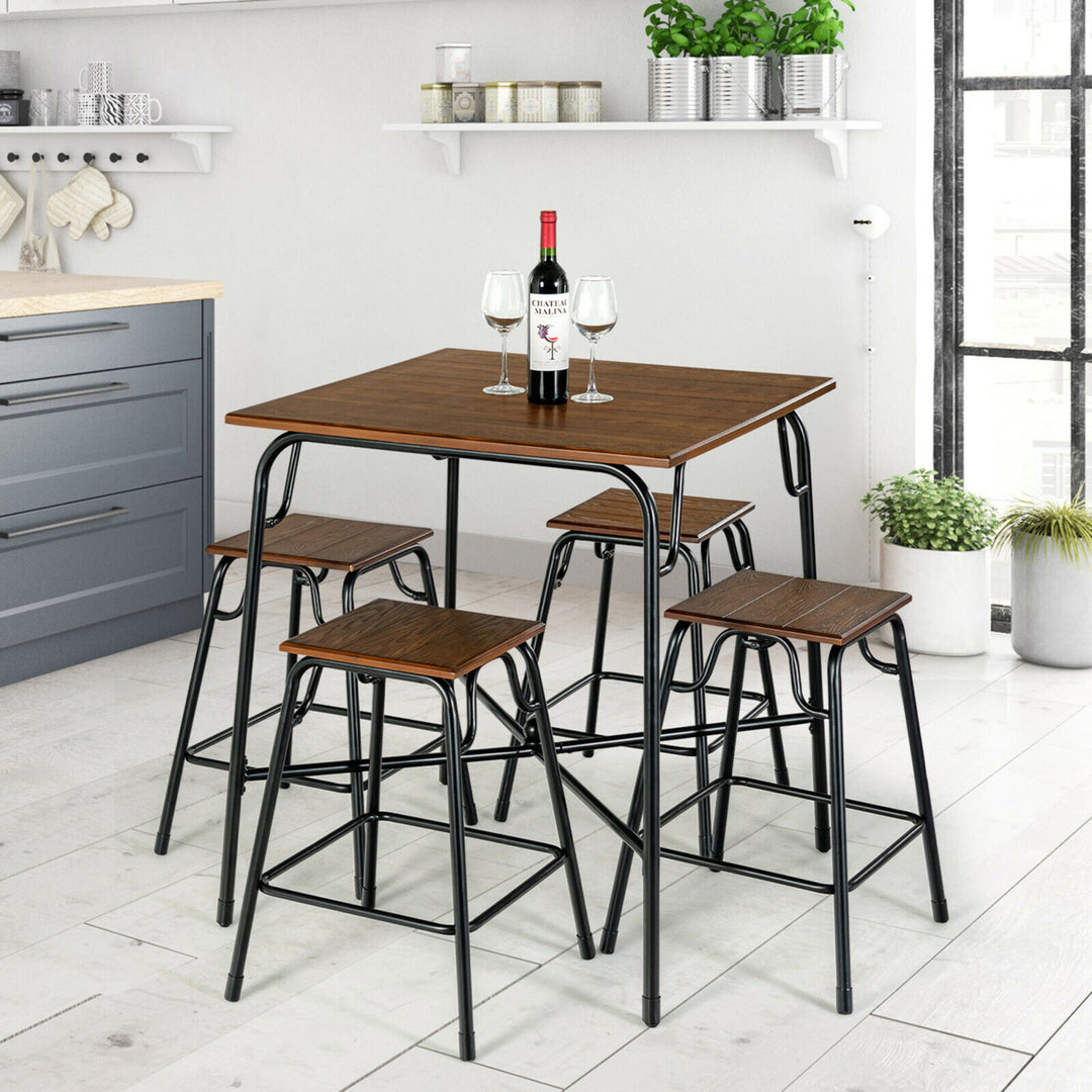 5PCS Bar Table Set Counter Height Dining Set w/ 4 Stools Rustic Brown Image 4