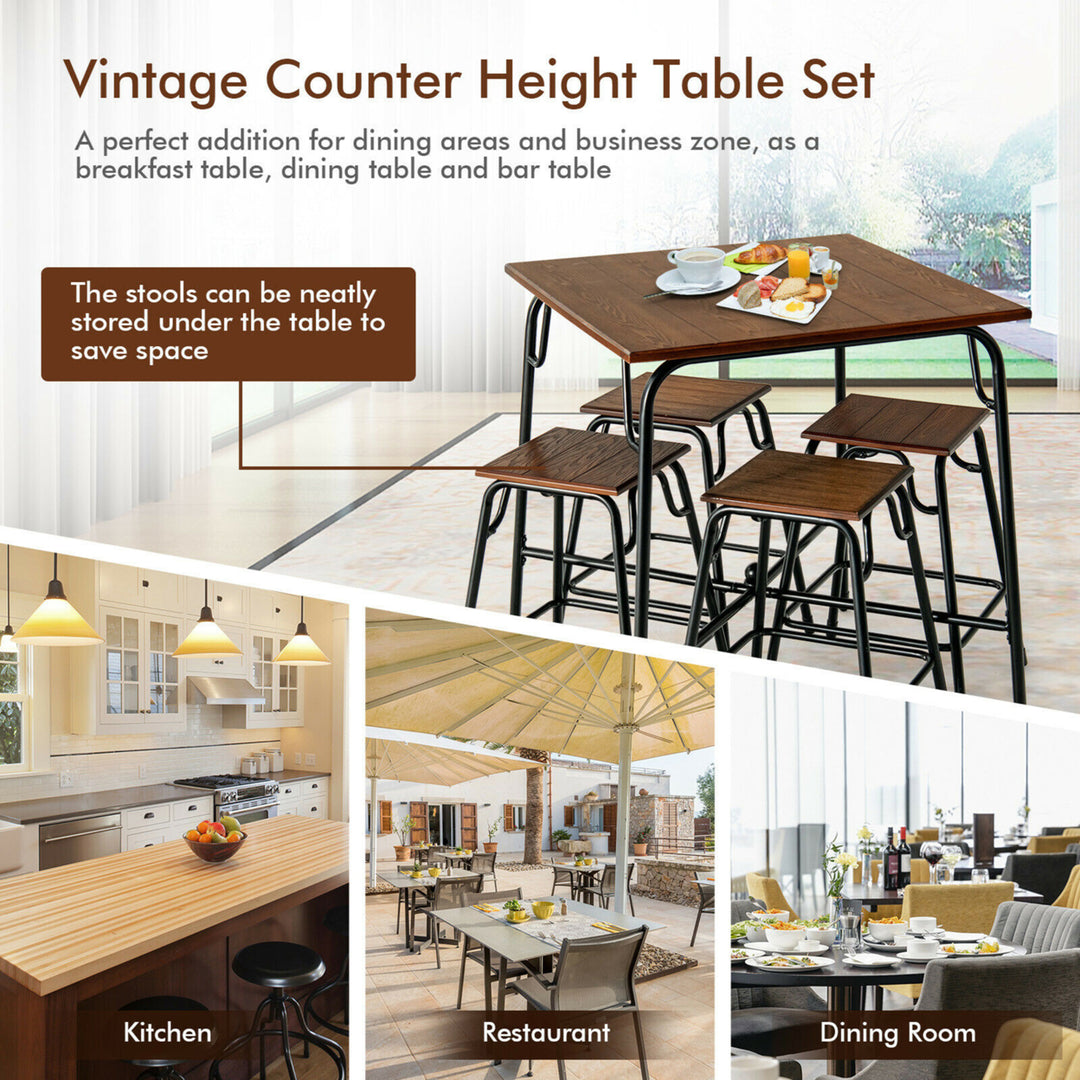 5PCS Bar Table Set Counter Height Dining Set w/ 4 Stools Rustic Brown Image 6