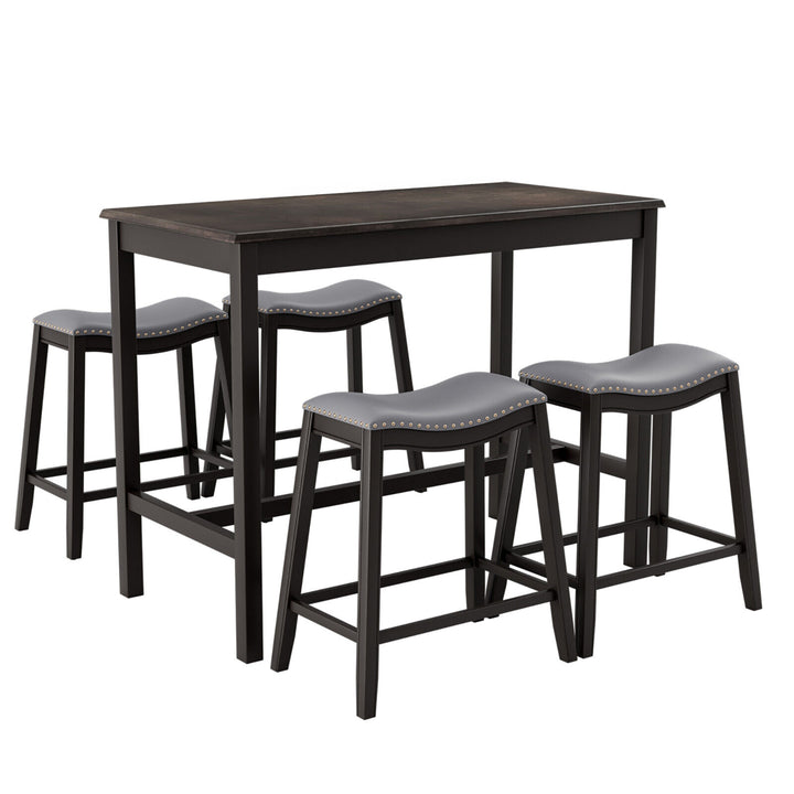 5PCS Bar Table Set Counter Height Table and Upholstered Saddle Stools Set for 4 Image 1