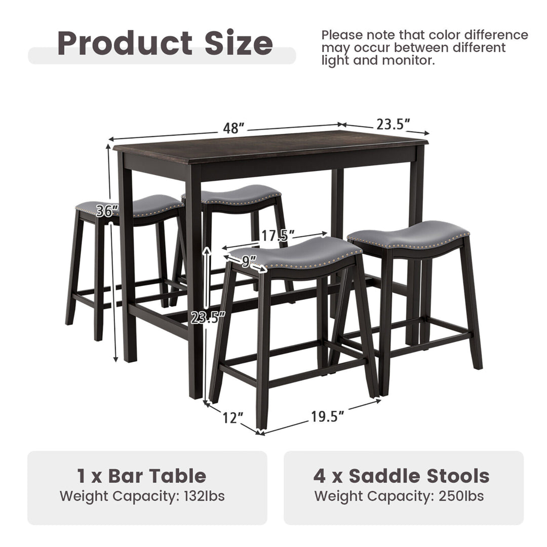 5PCS Bar Table Set Counter Height Table and Upholstered Saddle Stools Set for 4 Image 2