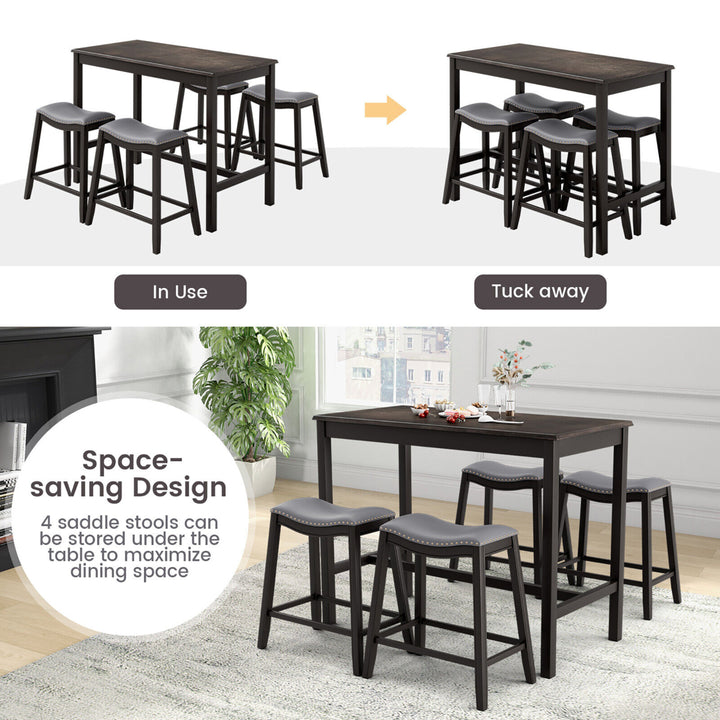 5PCS Bar Table Set Counter Height Table and Upholstered Saddle Stools Set for 4 Image 7