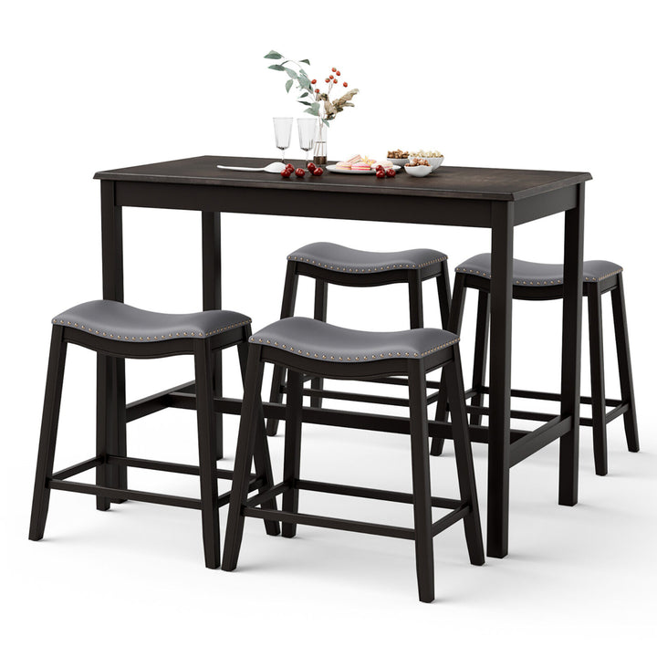 5PCS Bar Table Set Counter Height Table and Upholstered Saddle Stools Set for 4 Image 10