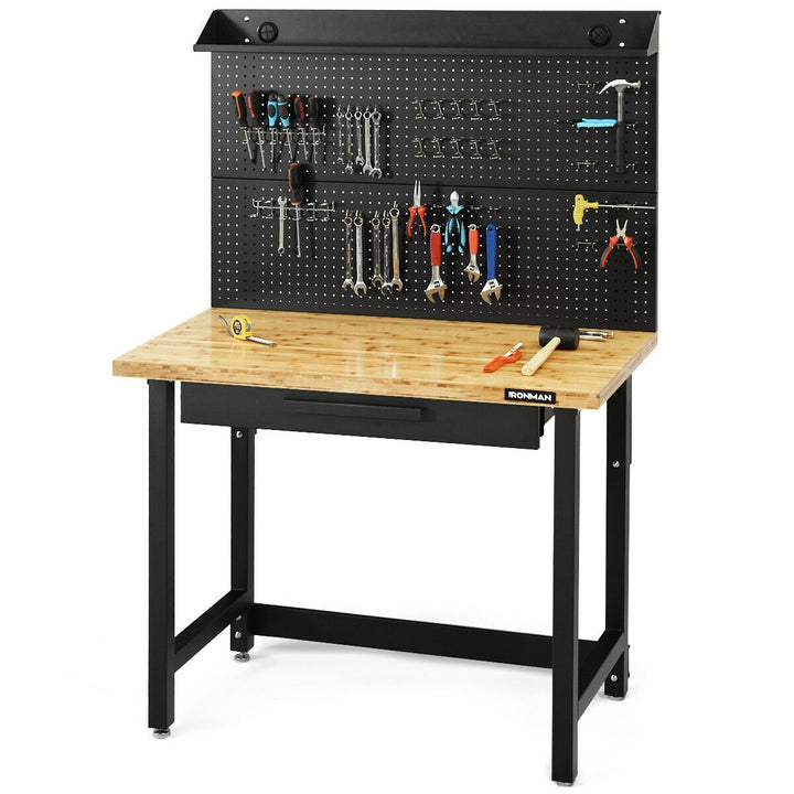 48 Inch Workcenter Bamboo Top Garage Workbench w/Pegboard and Organizer Drawer Image 1