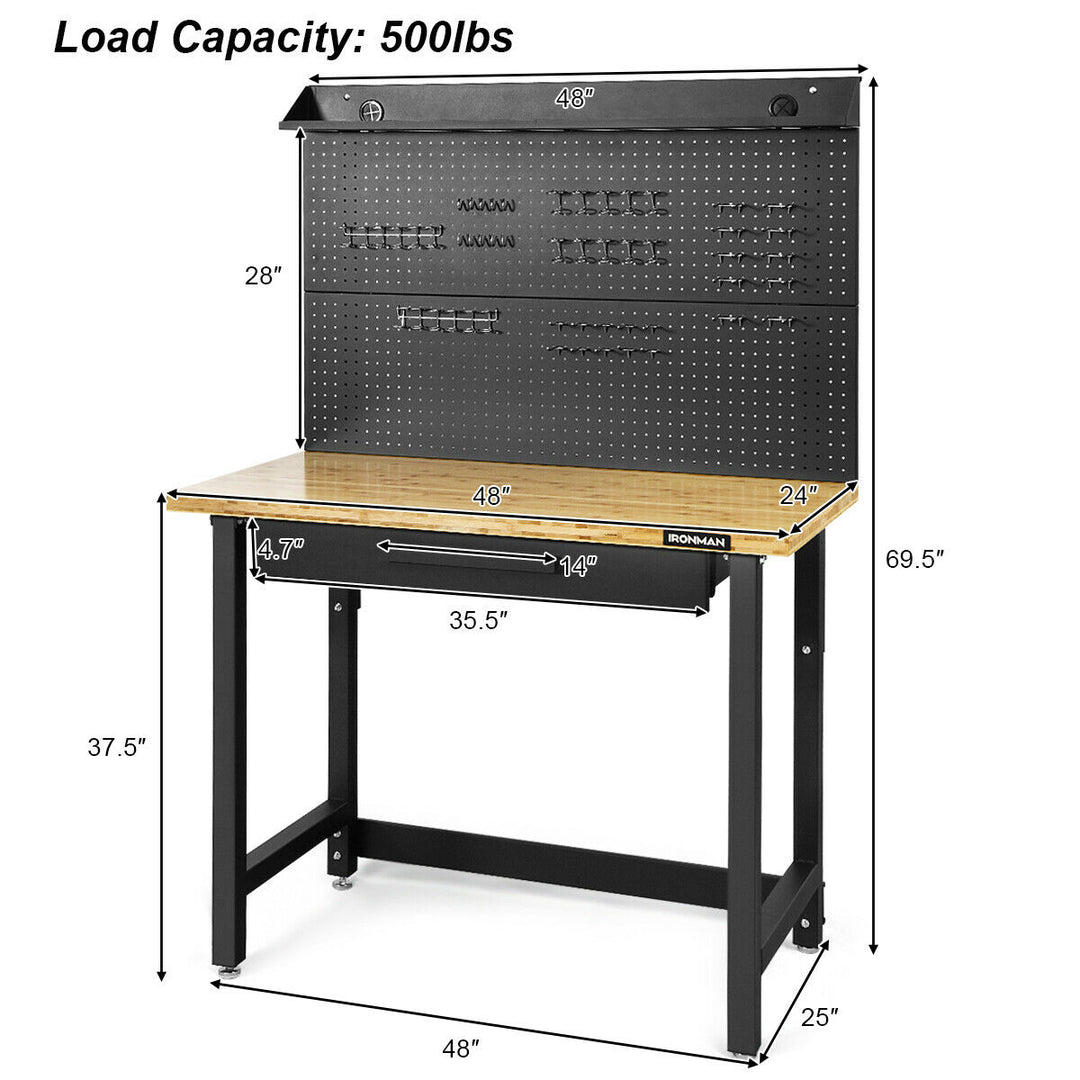 48 Inch Workcenter Bamboo Top Garage Workbench w/Pegboard and Organizer Drawer Image 2