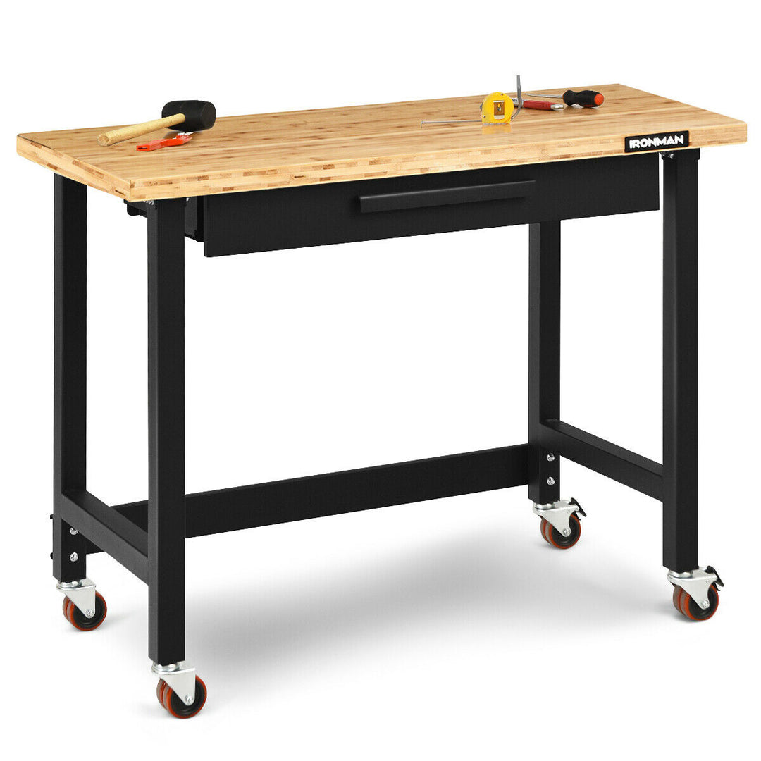 48 Inch Mobile Garage Workbench Bamboo Top with Casters and Organizer Drawer Image 1