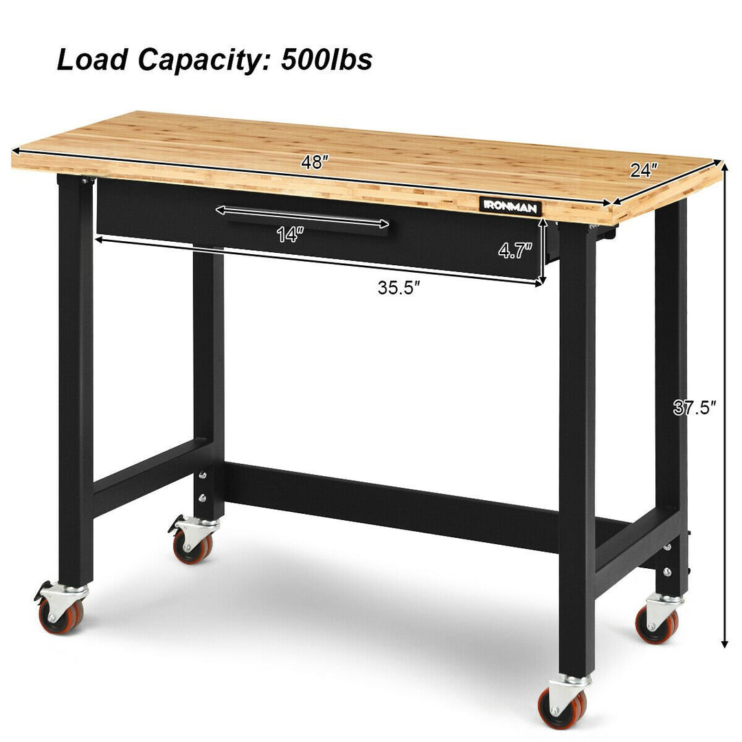 48 Inch Mobile Garage Workbench Bamboo Top with Casters and Organizer Drawer Image 2