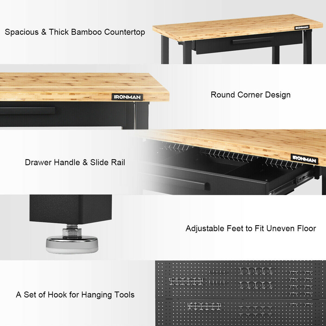 48 Inch Workcenter Bamboo Top Garage Workbench w/Pegboard and Organizer Drawer Image 7