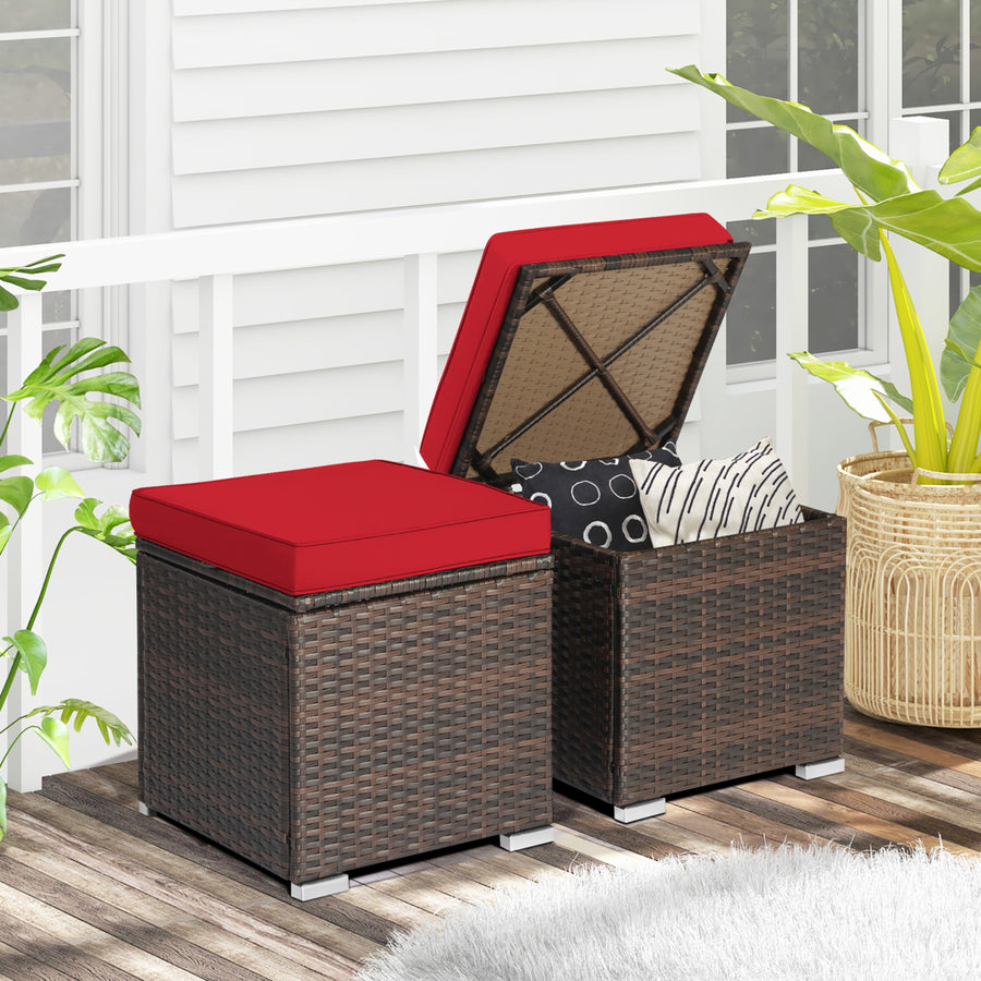 2PCS Outdoor Patio Ottomans Hand-Woven PE Wicker Footstools w/ Removable Cushions Image 1