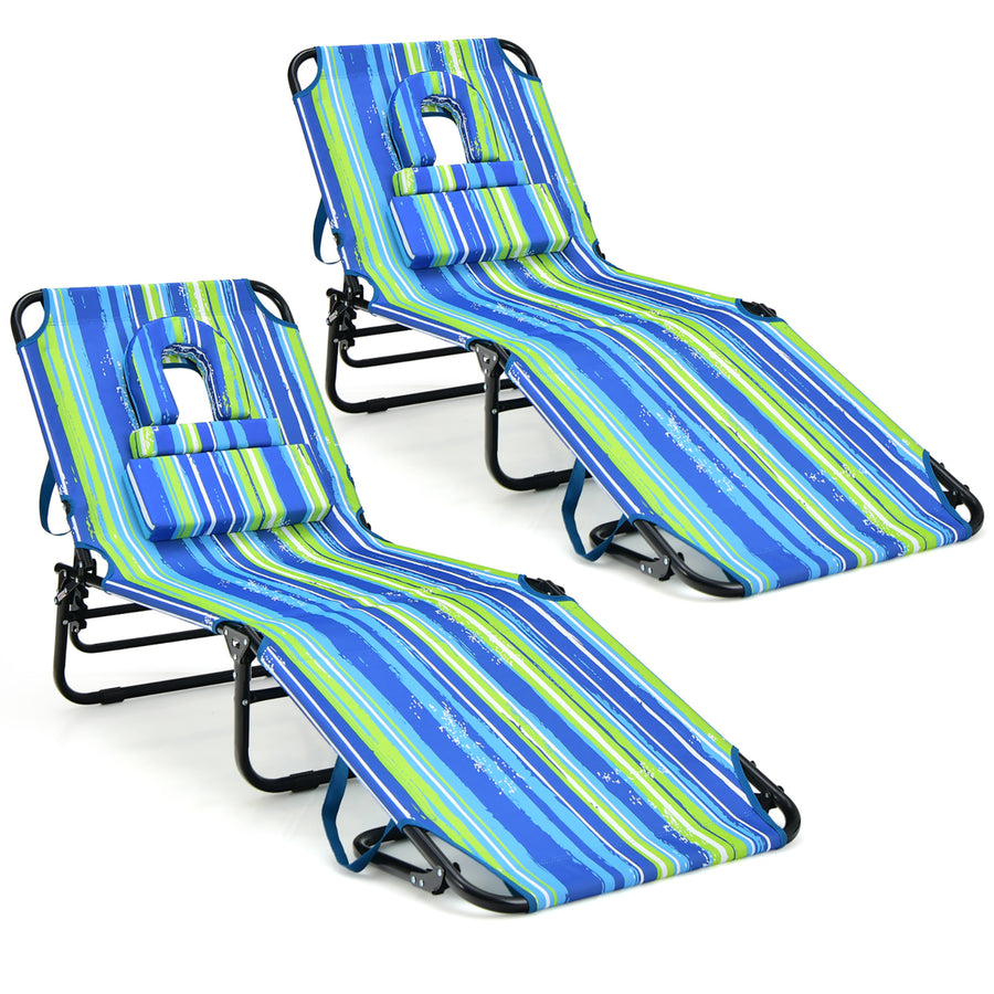 2PCS 5-Position Lounge Chair Adjustable Beach Chaise w/ Face Cavity and Pillows Image 1