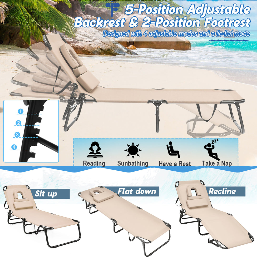 2PCS 5-Position Lounge Chair Adjustable Beach Chaise w/ Face Cavity and Pillows Image 3