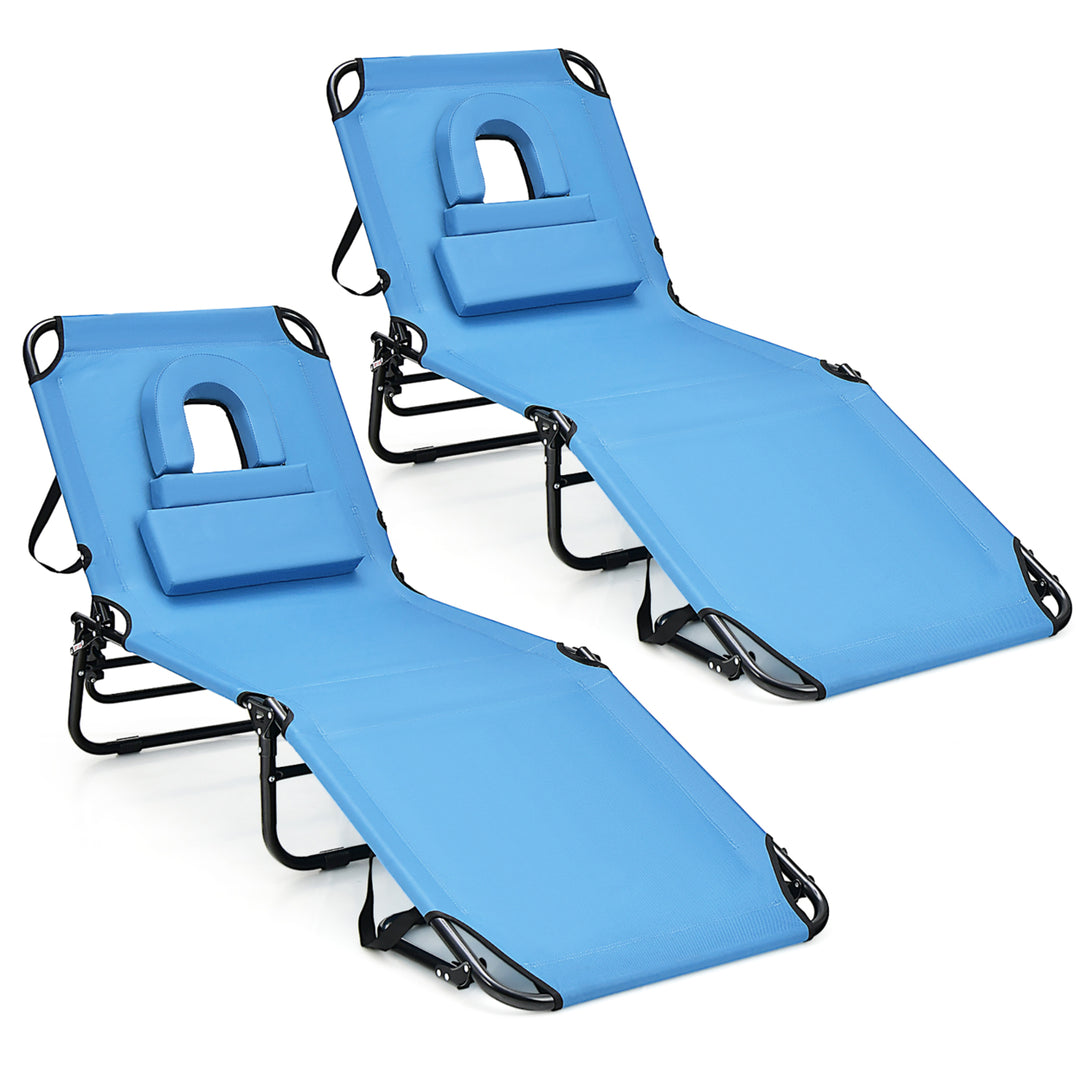 2PCS 5-Position Lounge Chair Adjustable Beach Chaise w/ Face Cavity and Pillows Image 4