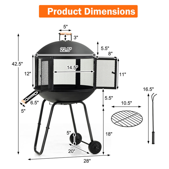 28 Patio Rolling Fire Pit Wood Burning Firepit w/ Wheels Mobile Fireplace Image 2