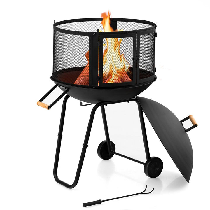 28 Patio Rolling Fire Pit Wood Burning Firepit w/ Wheels Mobile Fireplace Image 10